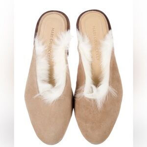 Mari Giudicelli Women's Tan Suede Mules with White Fur Trim